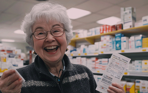 A happy elderly woman holding a receipt in a pharmacy alley